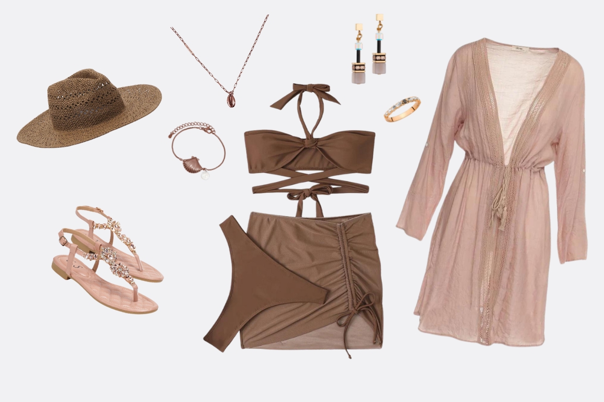 Élégance de plage – costume, paréo et bijoux