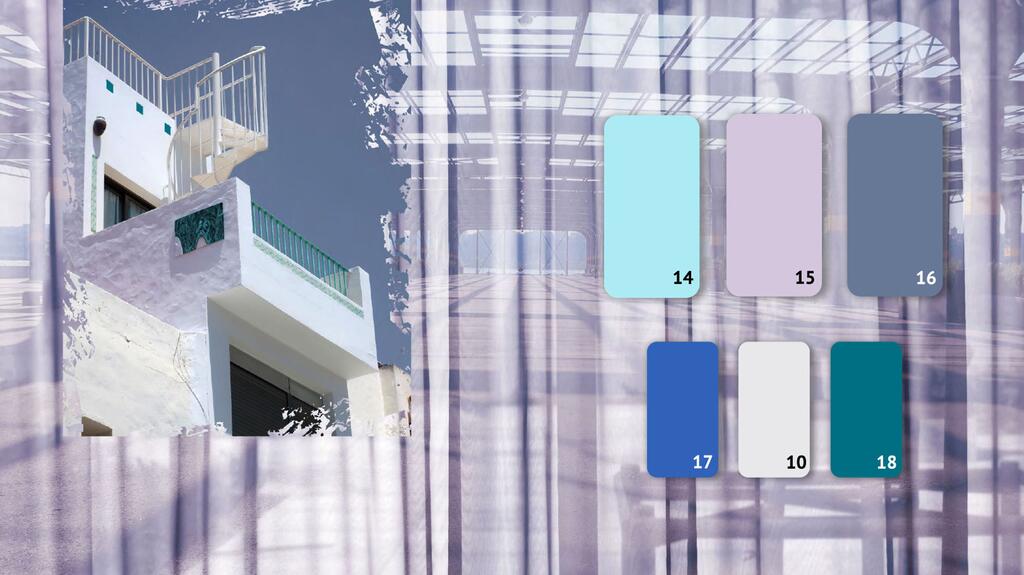 Cette histoire de couleur présente le bleu ciel, la lavande et le bleu fumé, contrasté avec du bleu vif, un gris argenté clair et une sarcelle. Nora Kühner Summer 2027 Couleurs Bubbles et larges espaces ouverts