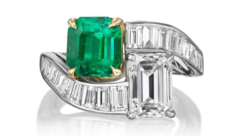 Greenwich St. Jewelers Emerald & Diamond 1940s Toi et Moi Ring