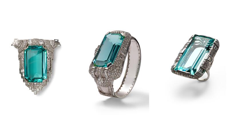 Un platine, un diamant et une broche, un bracelet et un anneau portés portés par l'actrice Mae West. Collection de Neil Lane. (Crédit d'image: Lendon Flanagan) Suite de bijoux Mae West Aquamarine