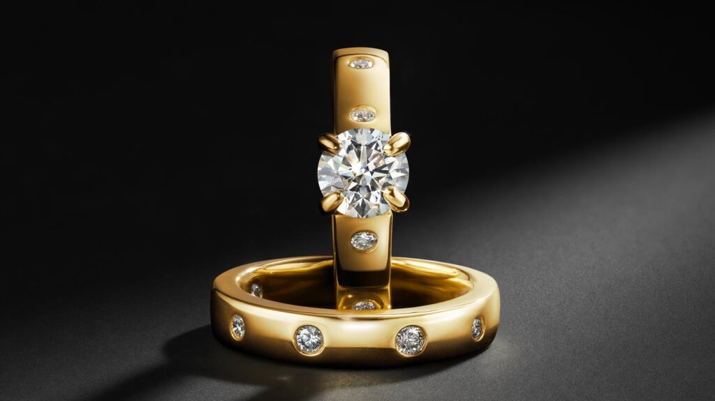 “Storied Diamond Desert Sands of Eternity” engagement ring and wedding band