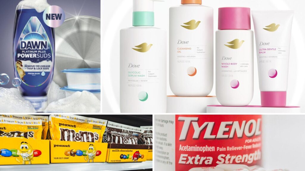 Dawn dish soap, Dove soap, M&M candy, Tylenol