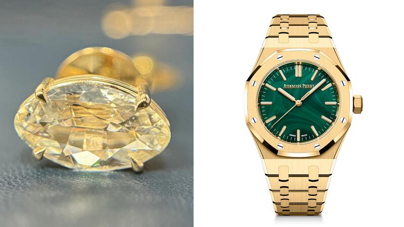 À gauche, le clou de diamant taille marquise de 2 carats de Marvin Douglas et à droite, la montre automatique « Royal Oak » d'Audemars Piguet en or jaune 18 carats. Marvin Douglas Diamond Stud et montre Audemars Piguet Royal Oak