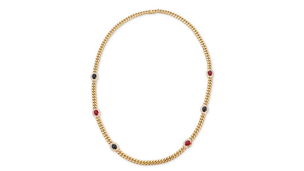 Collier en or à maillons cubains, diamants et pierres précieuses