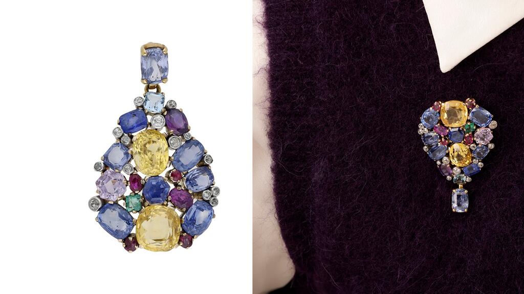 Pendentif broche diamant et pierres précieuses