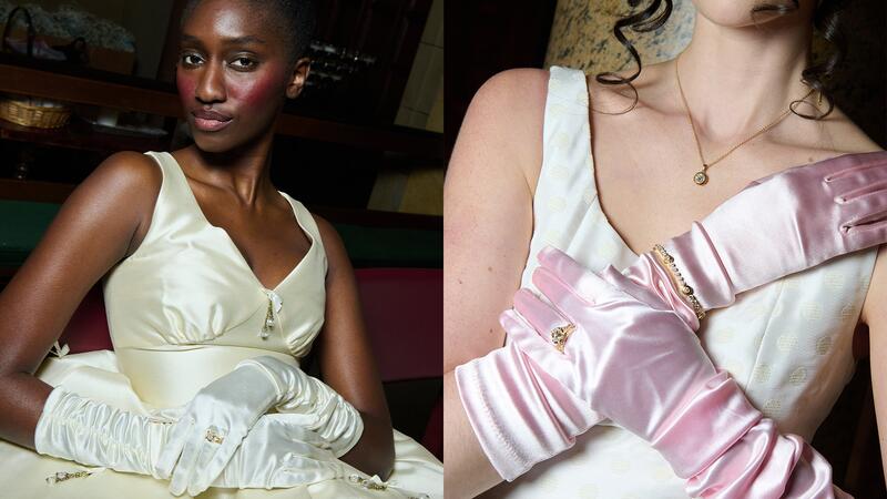 Les mannequins du défilé nuptial ont également été vus portant la bague de fiançailles « Céline » de Lubeck (à gauche) et des bijoux de mariée comme le bracelet de tennis « Angeline » et le collier « Lena » (à droite). Collection Artifex Bride au défilé de mariage Tanner Fletcher à la semaine de la mariée à New York