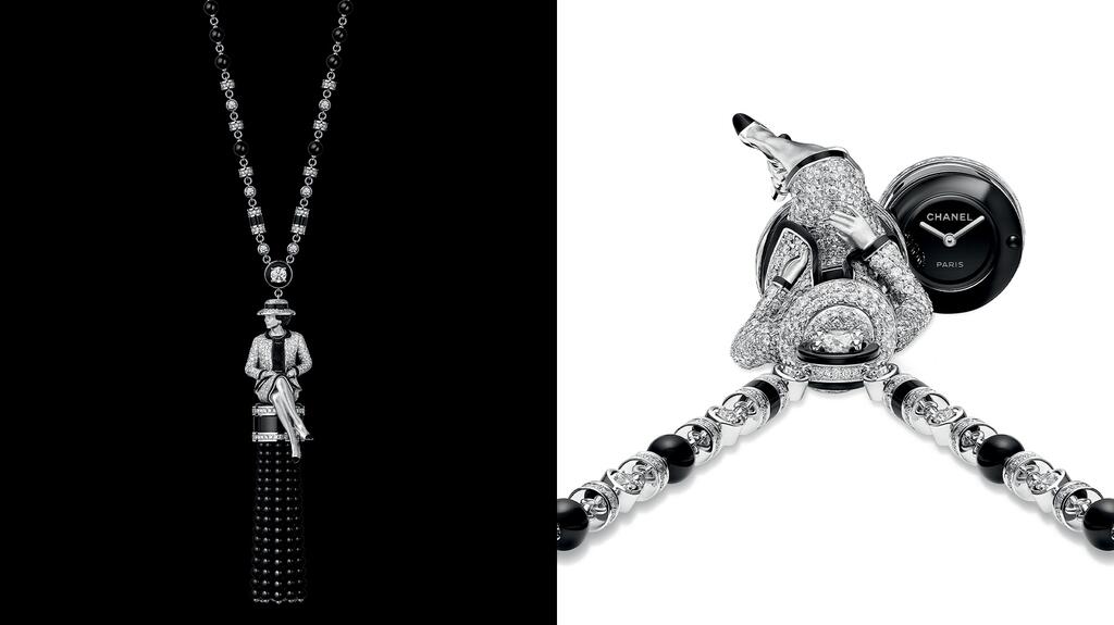 Le sautoir « Gabrielle » en or blanc 18 carats avec détails de laque noire, diamants et onyx. Le pompon coulisse pour révéler le cadran de la montre avec un boîtier, une lunette et un cadran en or blanc 18 carats laqués noir. Collier long Gabrielle de la collection Coco Game de Chanel