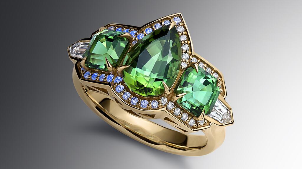 Bague tourmaline bleue verte à trois pierres Geek de Gemology