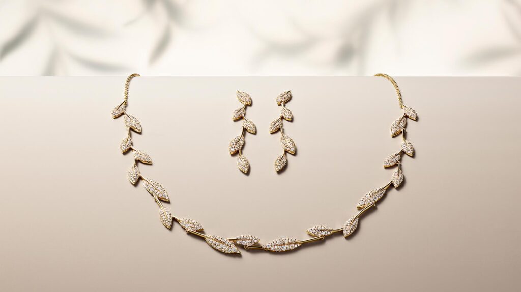 Brilliant Earth Jane Goodall olive branch necklace and earrings