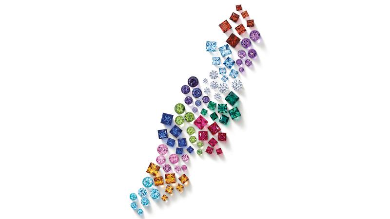 Une sélection de pierres précieuses colorées cultivées en laboratoire de Stuller. Les nouvelles nuances incluent le magenta, la pervenche et le mauve. Pierres précieuses colorées cultivées en laboratoire Stuller