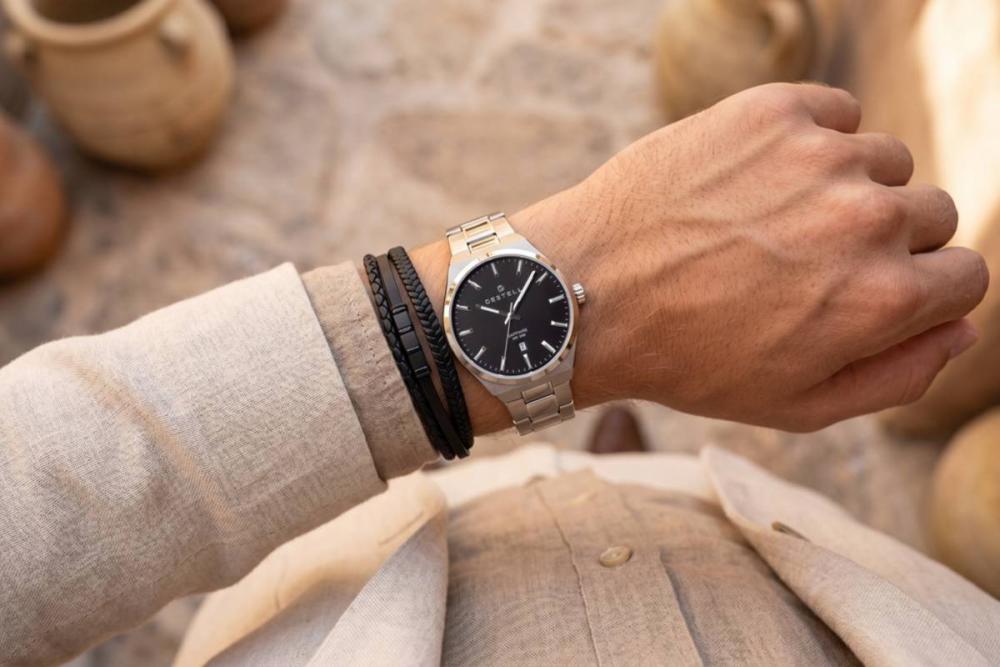 Montre homme DESTELL Aries Noir Argent Acier Saphir