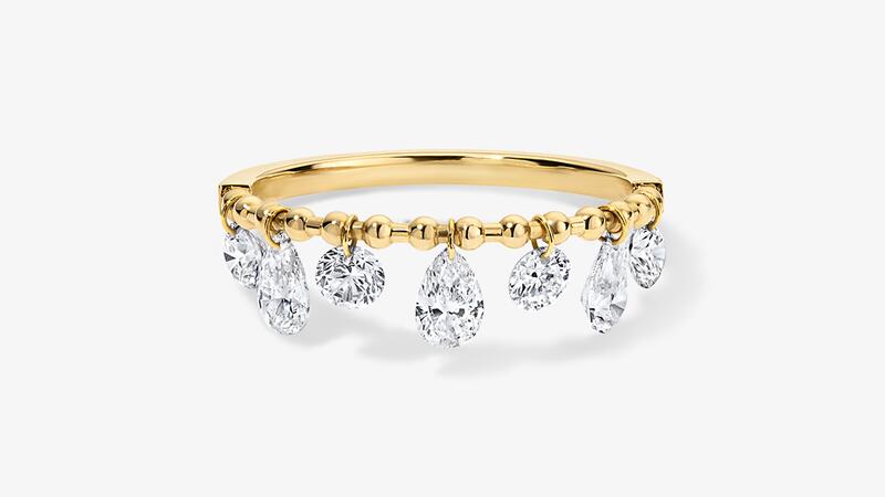 La bague shaker « Lola » en or jaune 14 carats avec 0,88 carats de diamants de laboratoire taille ronde et poire (1 065 $) Stephanie Gottlieb Lola Lab Grown Bague shaker à diamants percés
