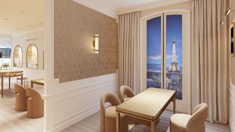 Un rendu de l'affichage dans l'espace de consultation qui montre une « vue » de la Tour Eiffel à Paris Aire de consultation de la Foire de Westfield Valley Jean Dousset