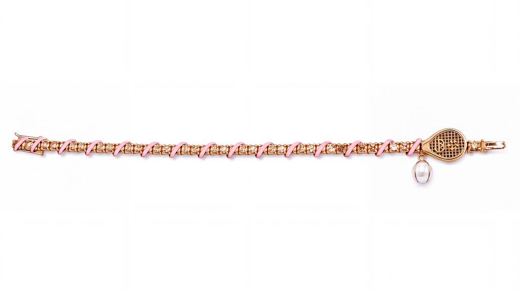 La version en émail rose du bracelet de tennis « Topspin » utilise des « diamants du désert » de blé de 5,05 carats en or rose 18 carats avec la breloque en perles de sport de tennis de Bijules sur le fermoir de la raquette de tennis (11 450 $) Bracelet tennis Bijules x Kamyen Topspin en rose
