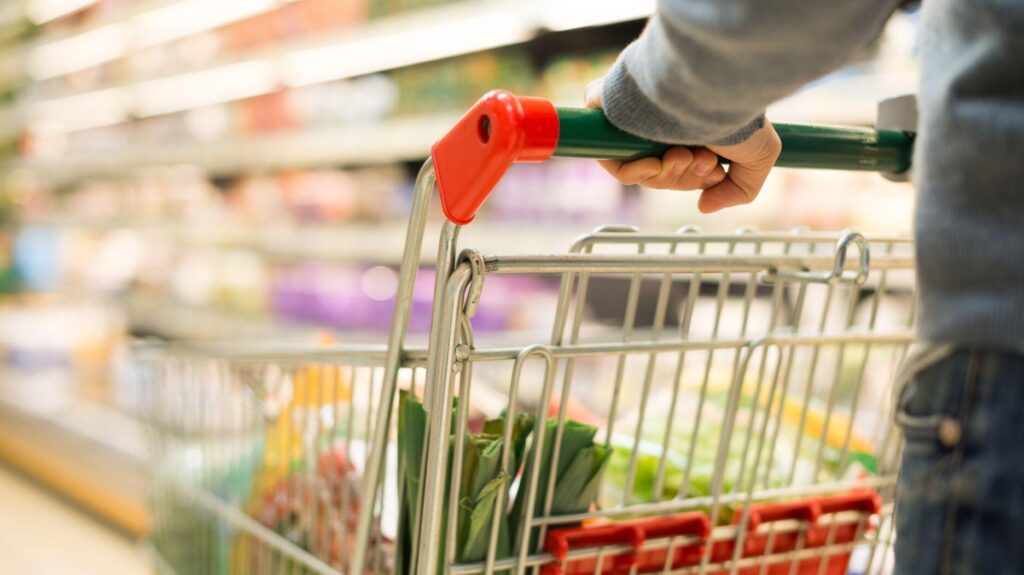 Hand pushing a shopping cart