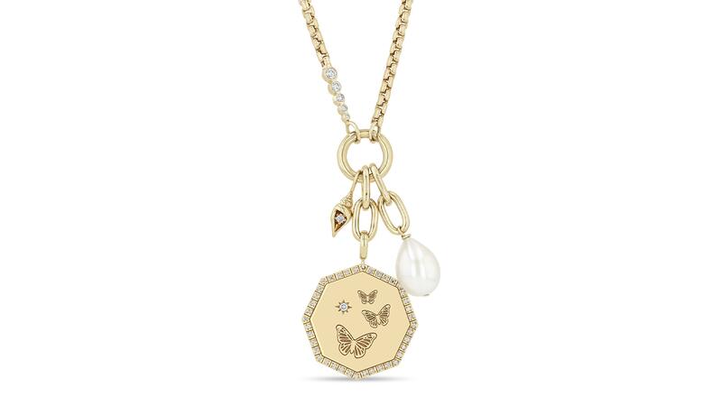 Cynthia Erivo x Zoe Chicco Collier à chaîne à triple papillon gravé avec médaillon pavé de taille moyenne