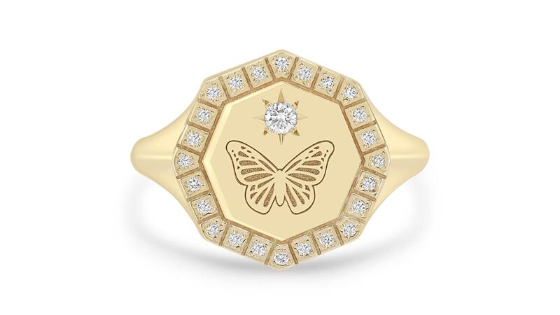 Cynthia Erivo x Zoe Chicco Pave Diamond Butterfly Gravé Chevalière Octogone
