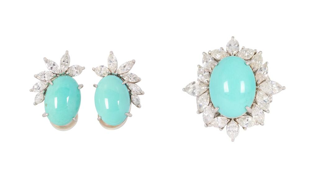 Ensemble assorti de clips d'oreilles et de bague portés sur scène par Warwick, en platine et serti de turquoise et de diamants Bijoux turquoise Dionne Warwick