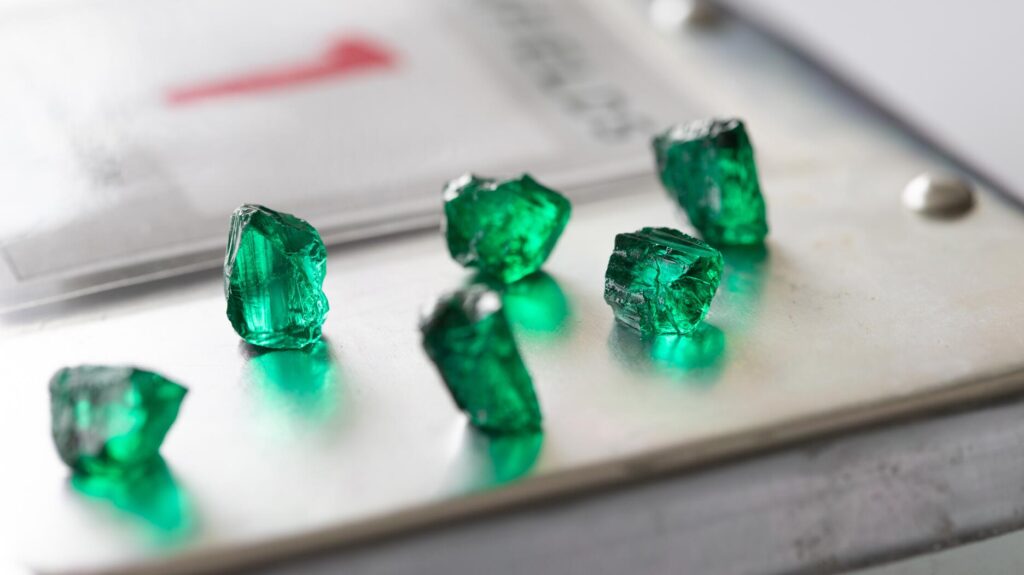 Stock image of rough emeralds mined by Gemfields