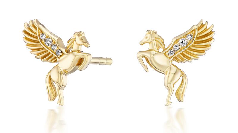 Les clous « Pegasus » en or jaune 18 carats avec des accents de diamants totalisant 0,03 carat (1 500 $) Goujons Sorellina Pegasus